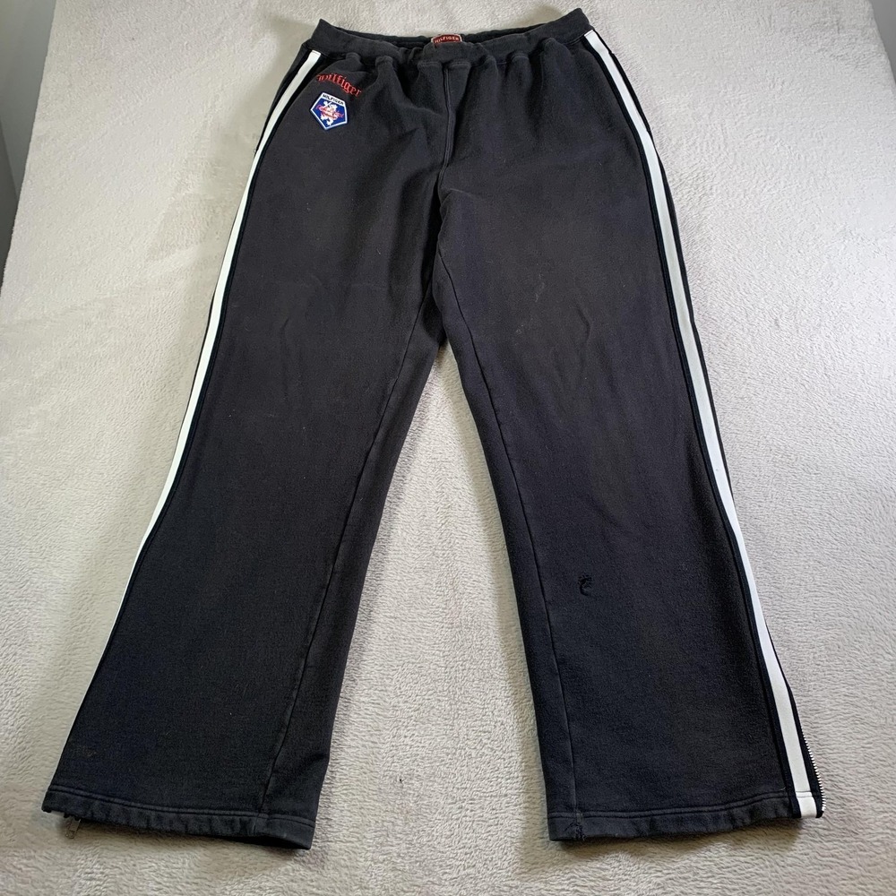 Vintage Hilfiger Denim Sweatpants Mens Medium Black Fleece Side Stripe Red Label